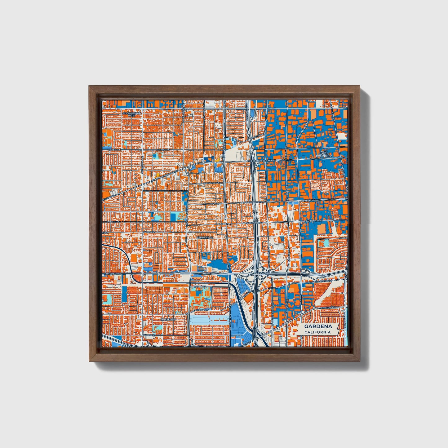 Gardena California Colorful City Map Canvas Print • Dark Wooden Framed