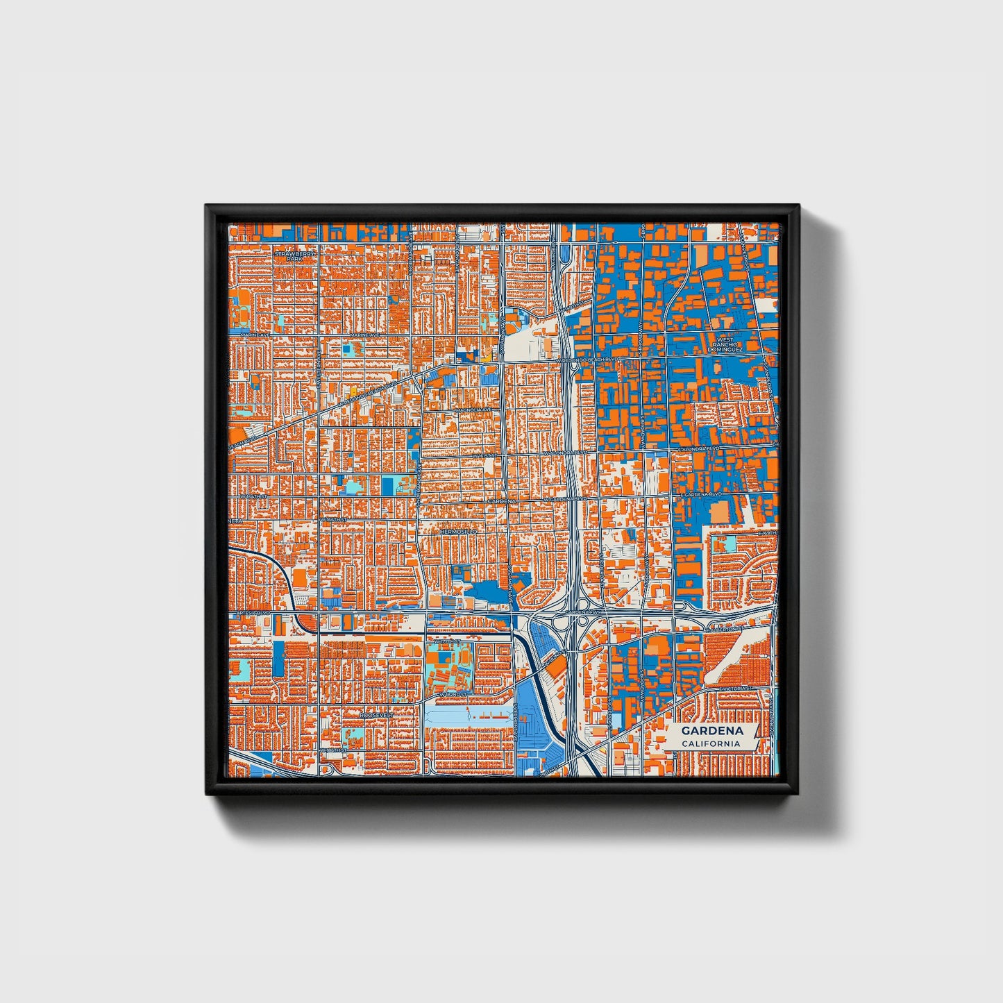 Gardena California Colorful City Map Canvas Print • Black Framed