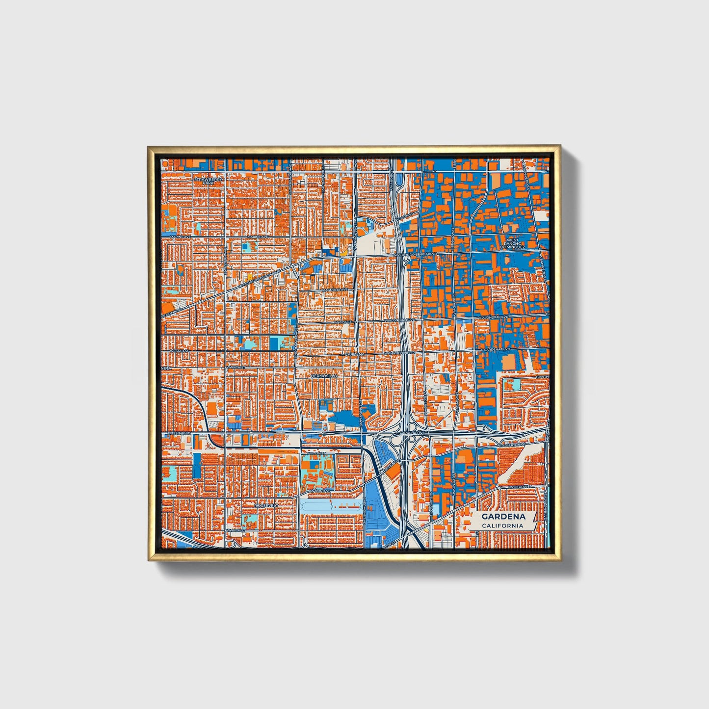 Gardena California Colorful City Map Canvas Print • Gold Framed