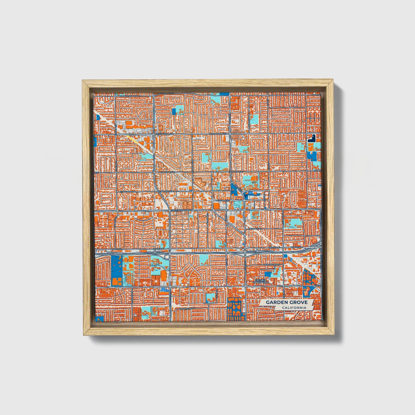 Garden Grove California Colorful City Map Canvas Print • Natural Wooden Framed