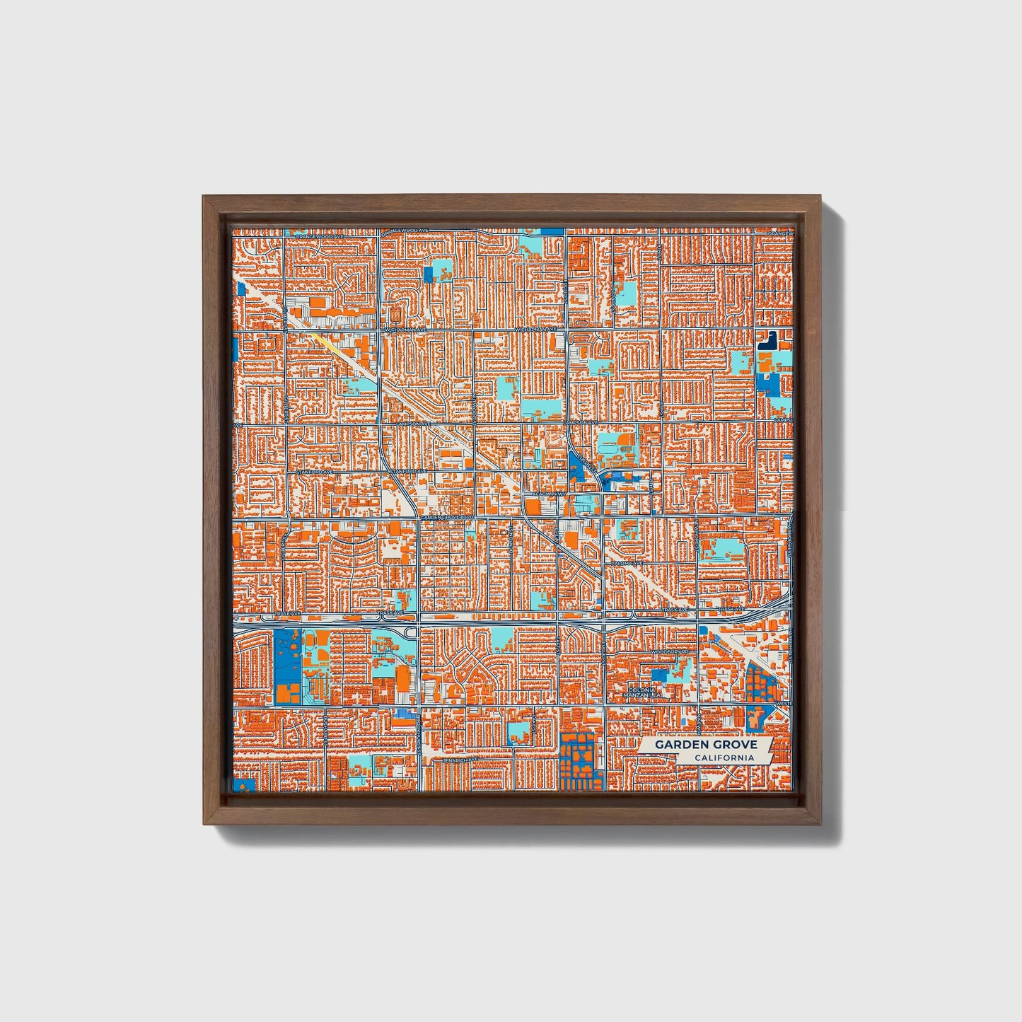 Garden Grove California Colorful City Map Canvas Print • Dark Wooden Framed