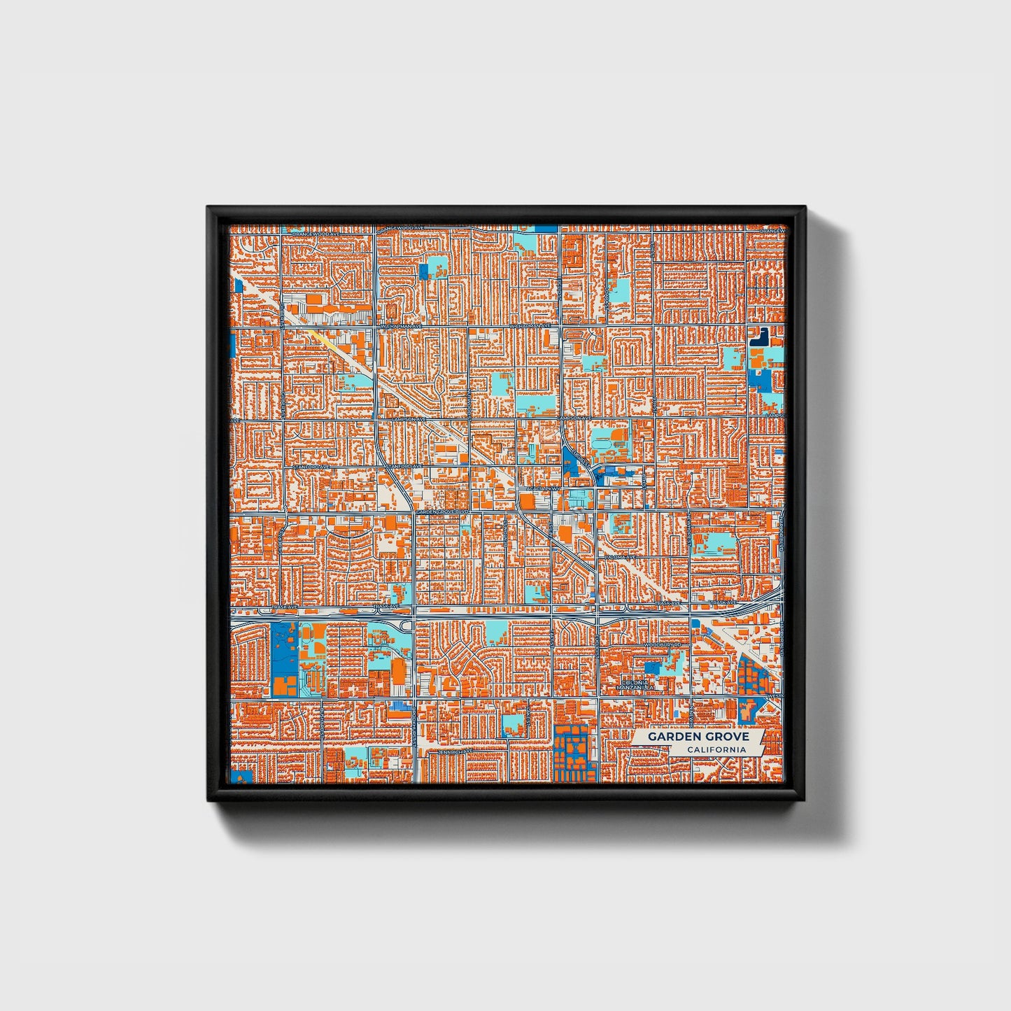 Garden Grove California Colorful City Map Canvas Print • Black Framed
