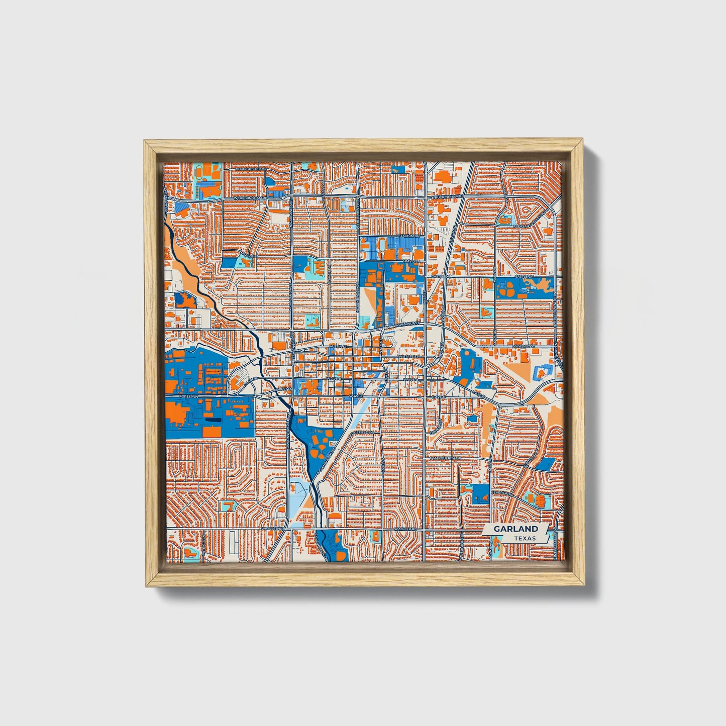 Garland Texas Colorful City Map Canvas Print • Natural Wooden Framed