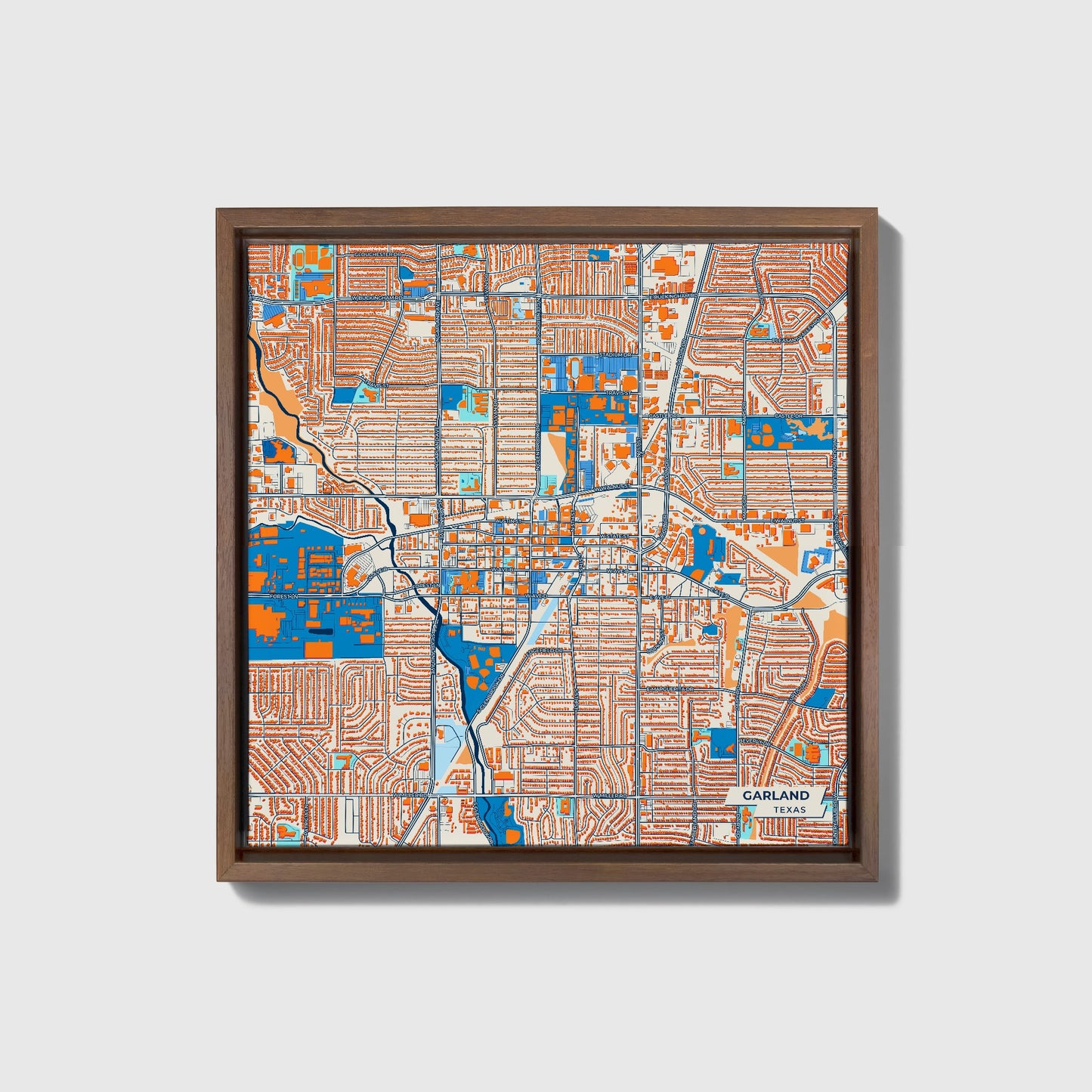 Garland Texas Colorful City Map Canvas Print • Dark Wooden Framed
