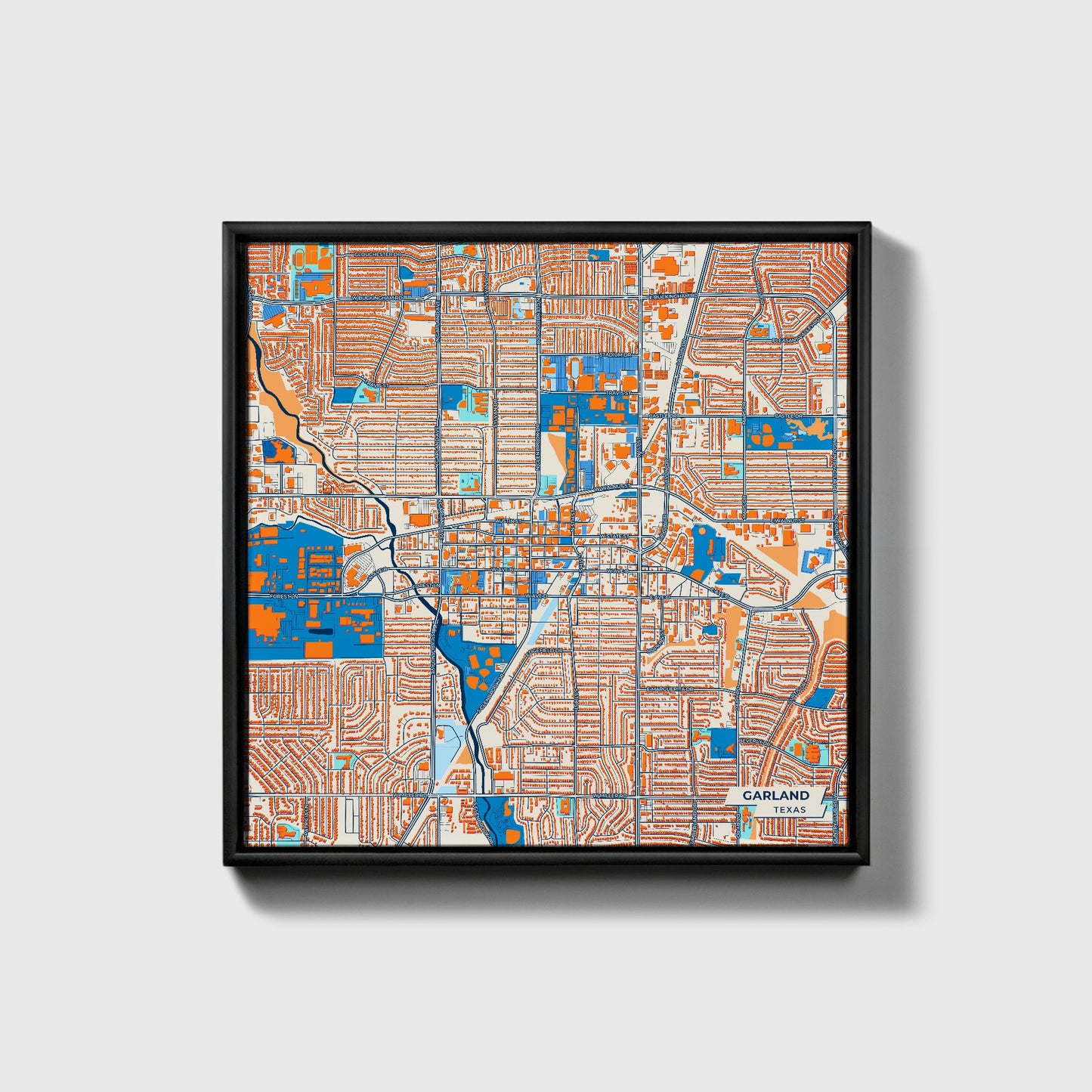 Garland Texas Colorful City Map Canvas Print • Black Framed