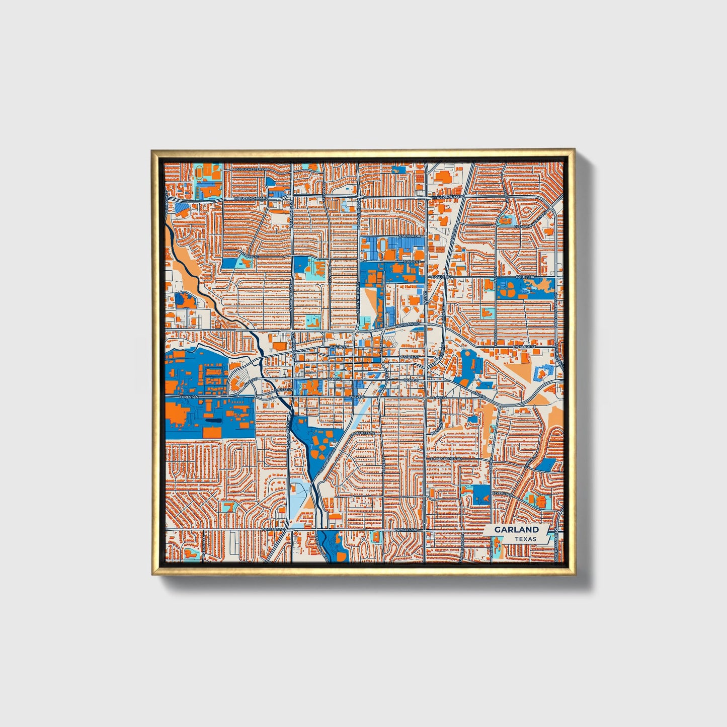 Garland Texas Colorful City Map Canvas Print • Gold Framed