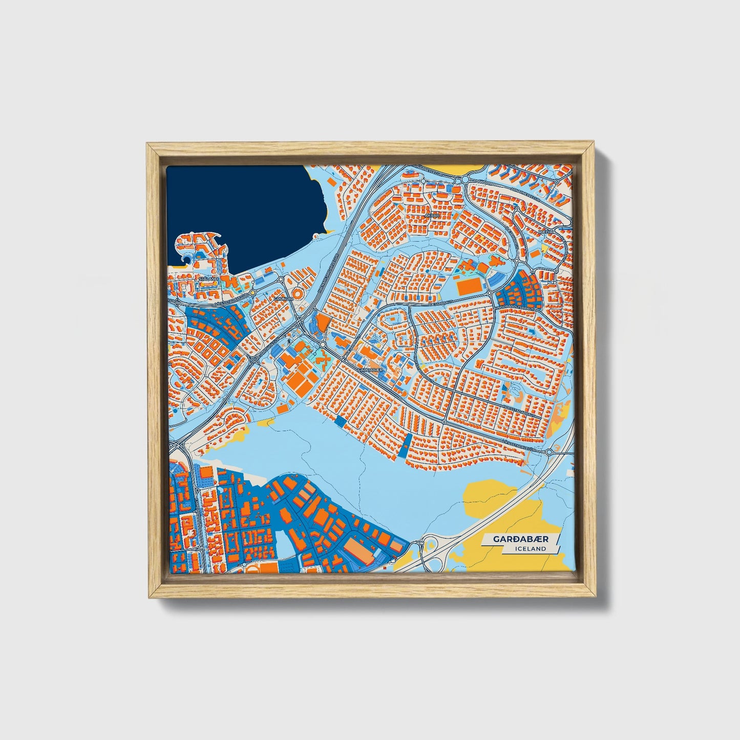 Garðabær Iceland Colorful City Map Canvas Print • Natural Wooden Framed