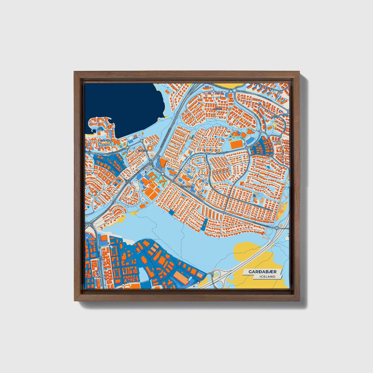Garðabær Iceland Colorful City Map Canvas Print • Dark Wooden Framed