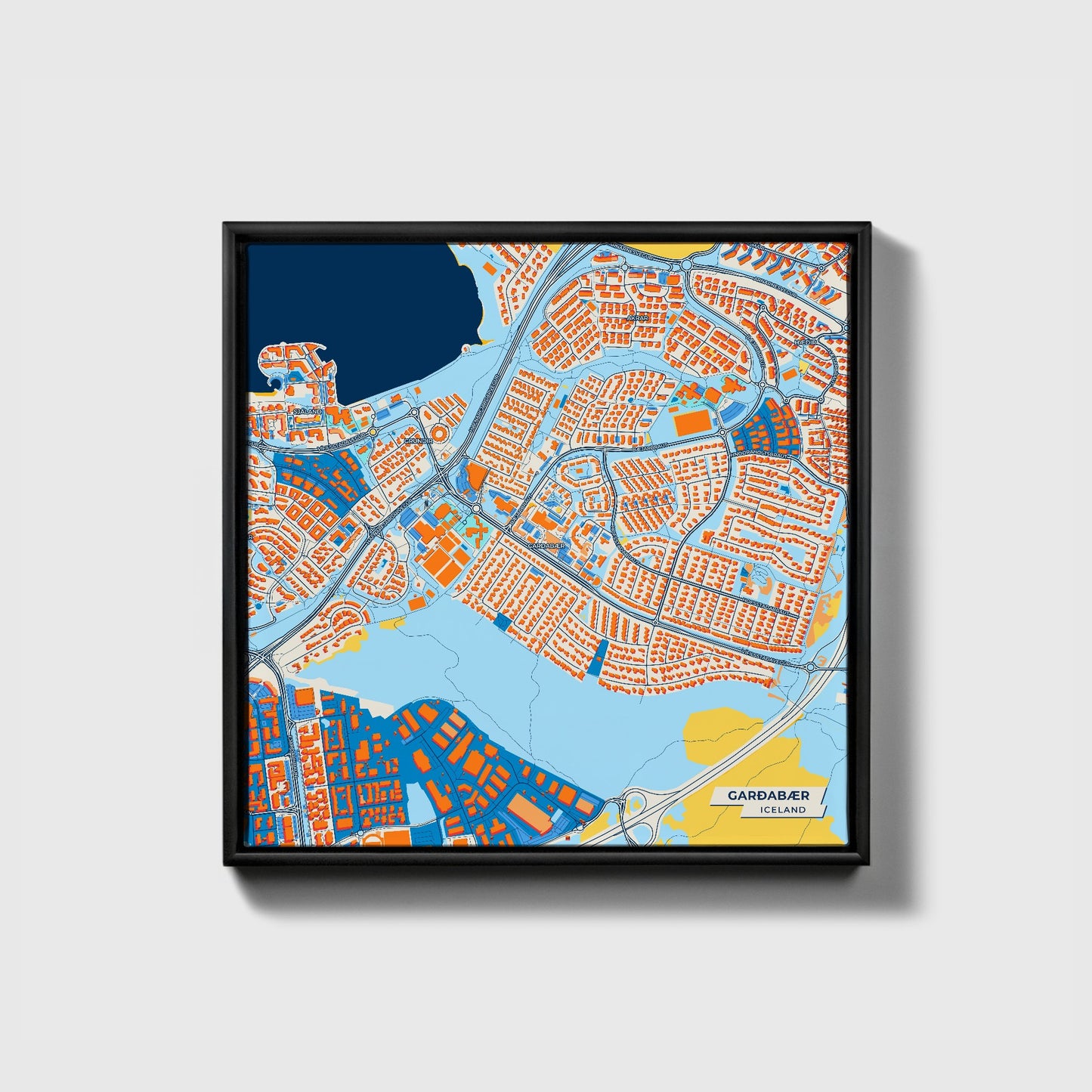 Garðabær Iceland Colorful City Map Canvas Print • Black Framed