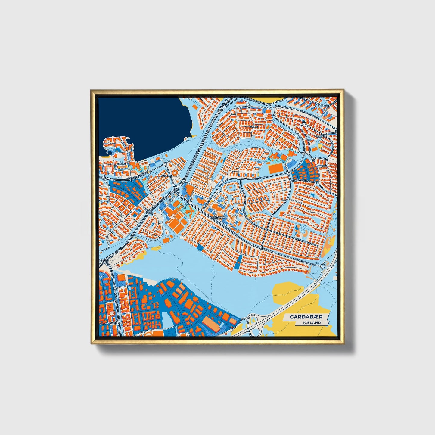 Garðabær Iceland Colorful City Map Canvas Print • Gold Framed