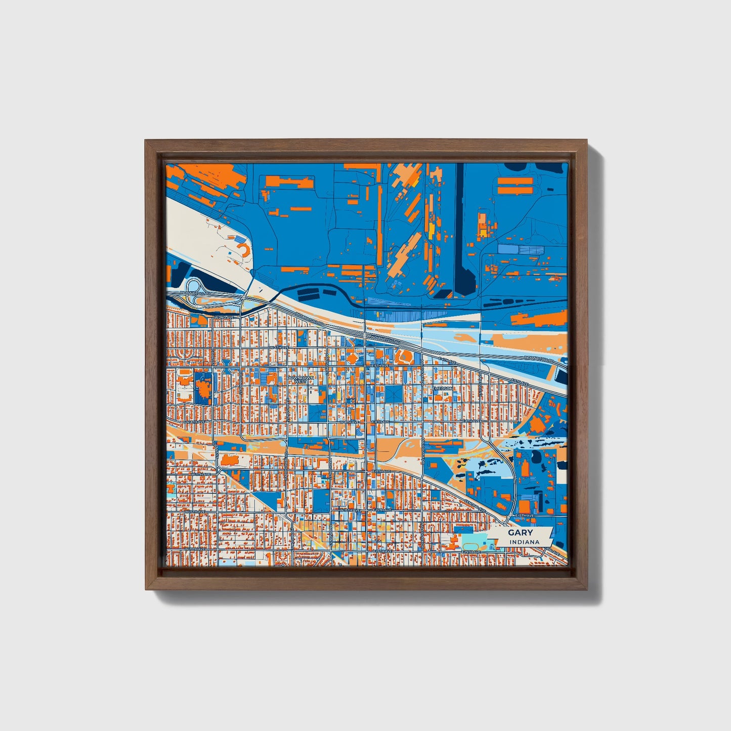 Gary Indiana Colorful City Map Canvas Print • Dark Wooden Framed