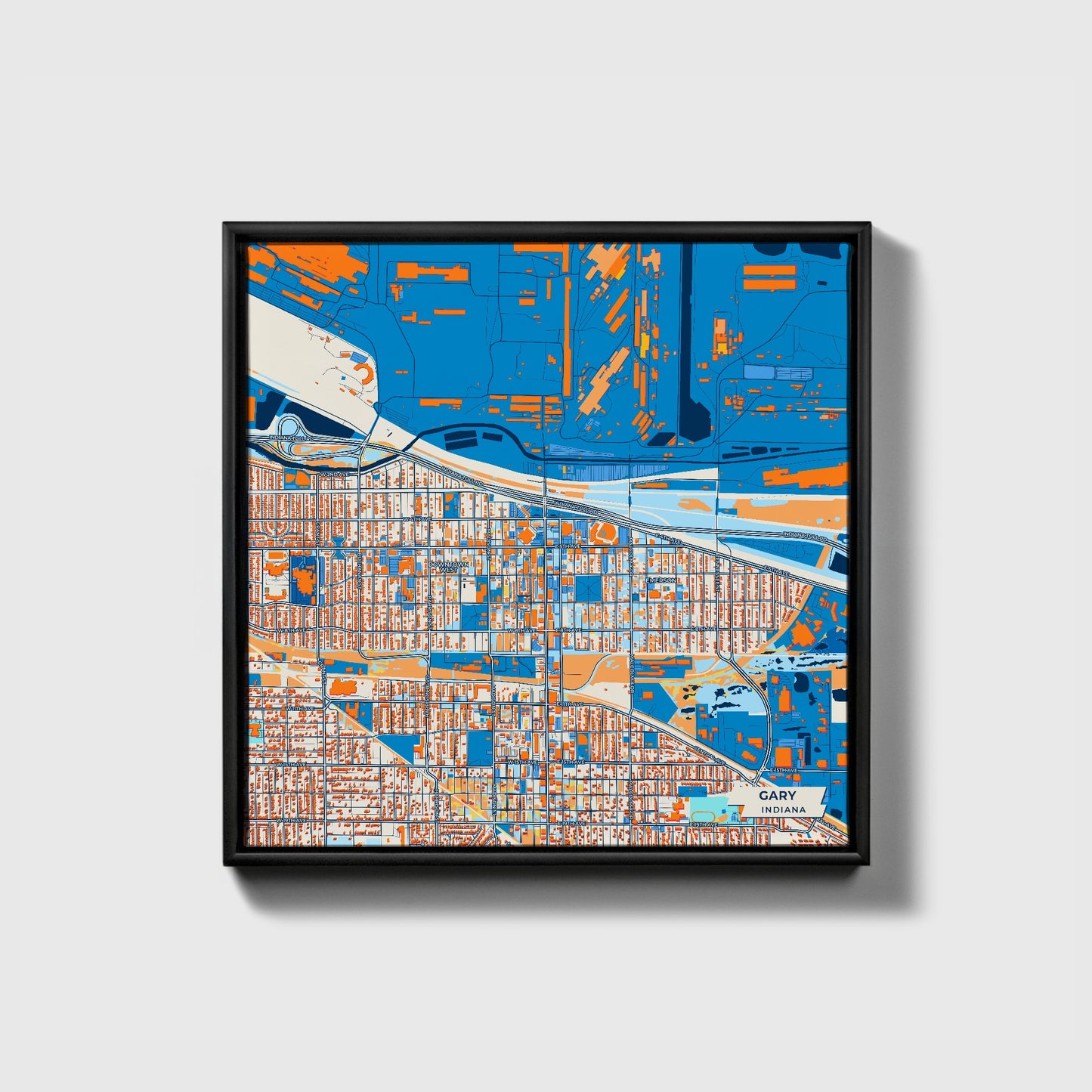 Gary Indiana Colorful City Map Canvas Print • Black Framed