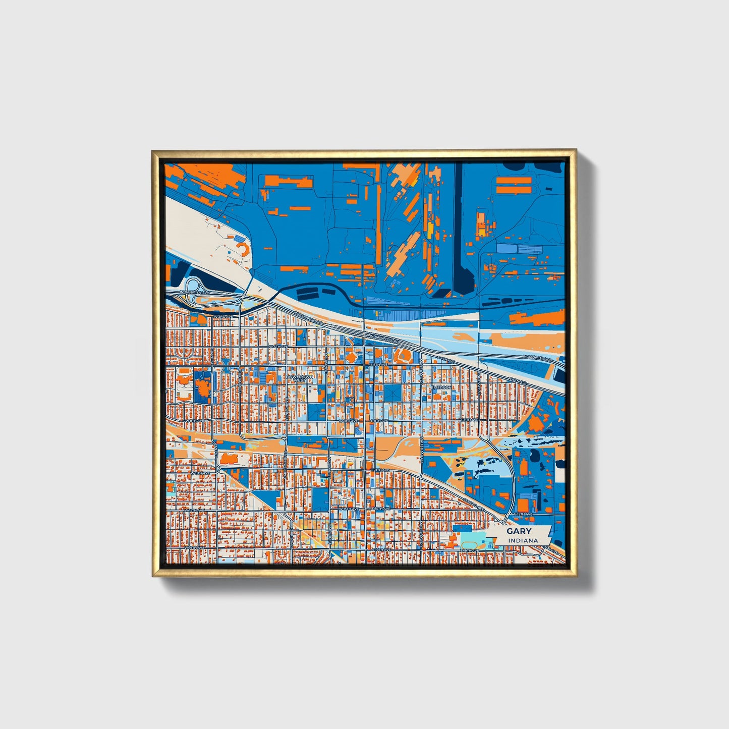 Gary Indiana Colorful City Map Canvas Print • Gold Framed