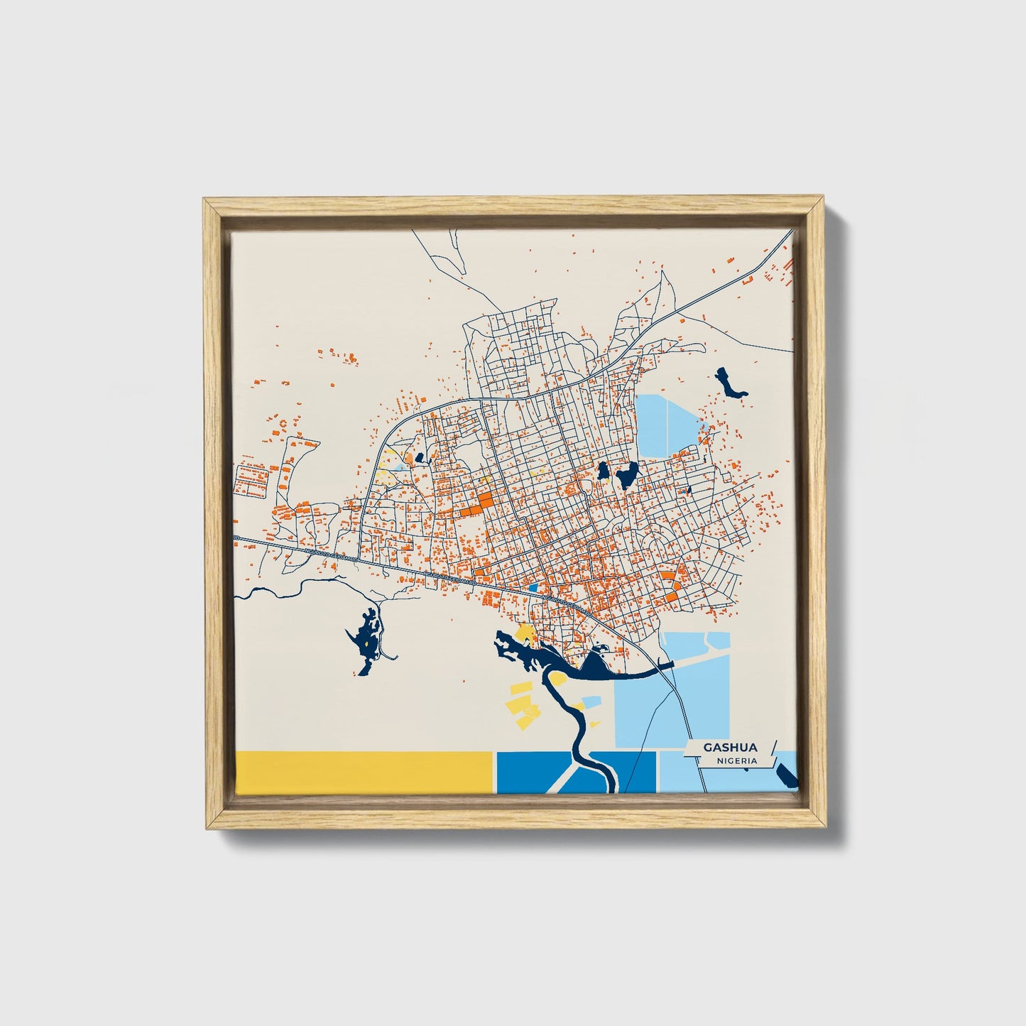 Gashua Nigeria Colorful City Map Canvas Print • Natural Wooden Framed