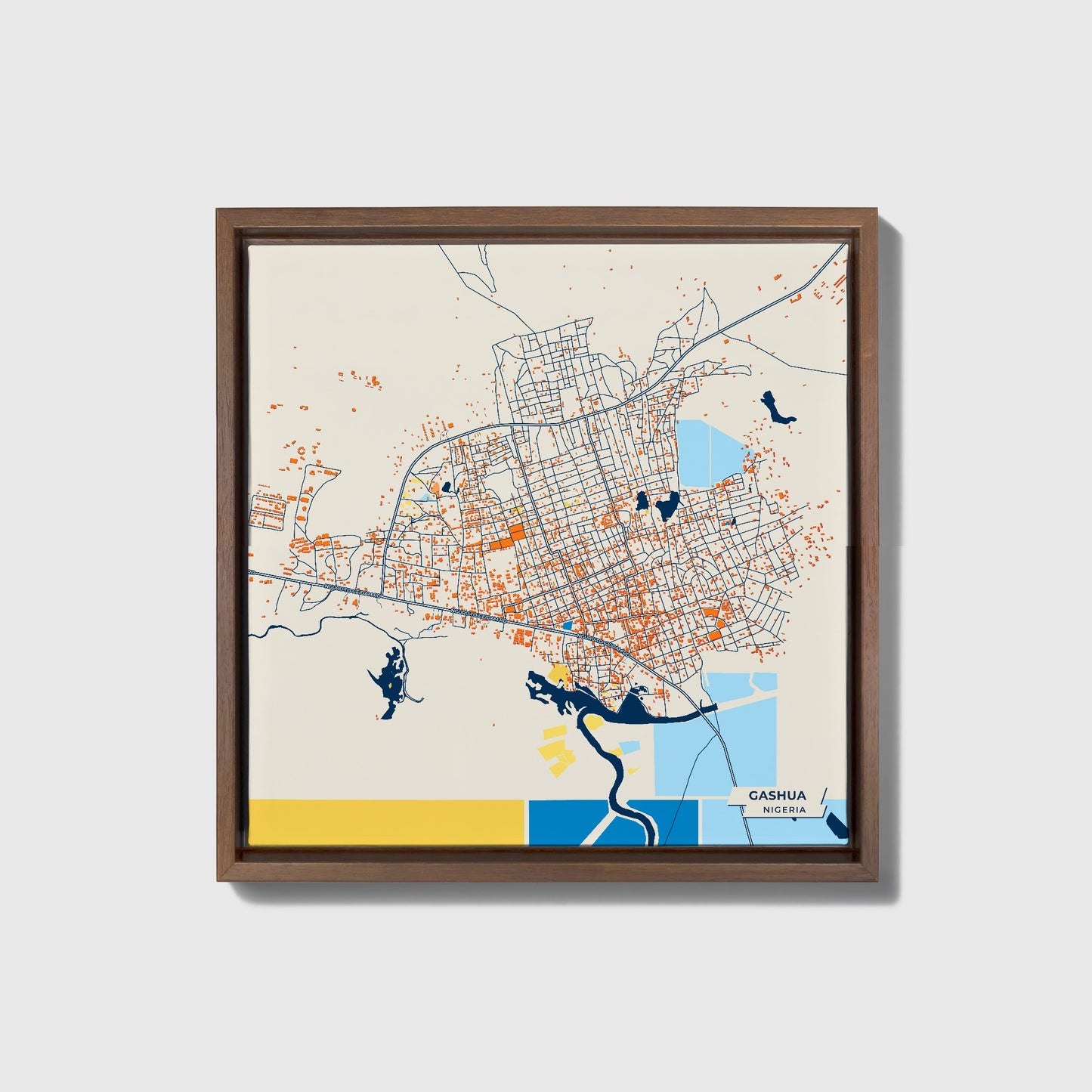 Gashua Nigeria Colorful City Map Canvas Print • Dark Wooden Framed