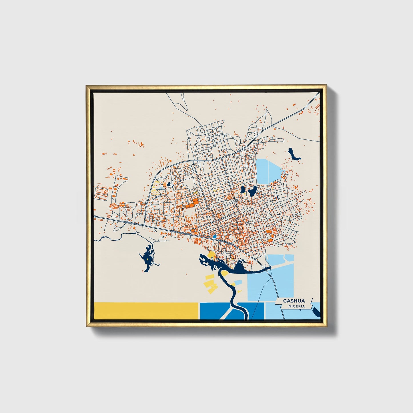 Gashua Nigeria Colorful City Map Canvas Print • Gold Framed