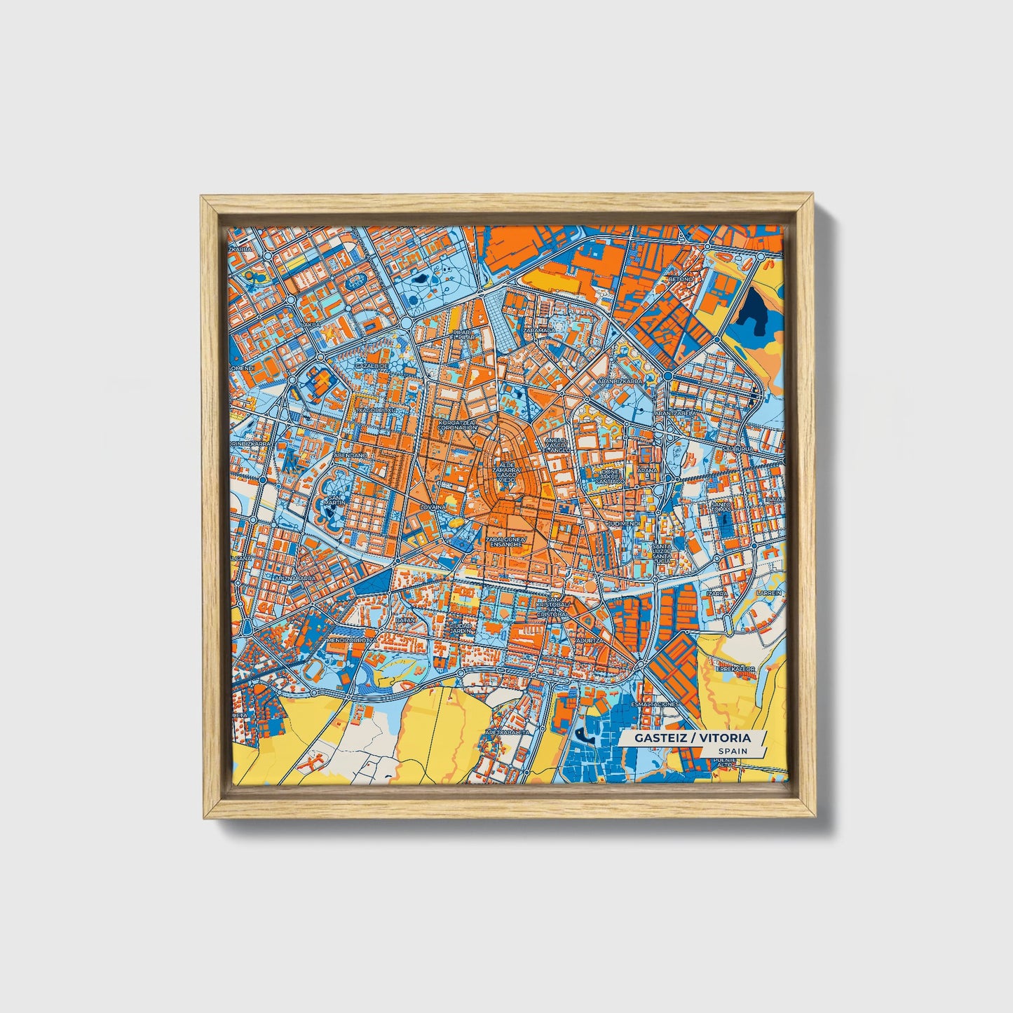 Gasteiz / Vitoria Spain Colorful City Map Canvas Print • Natural Wooden Framed