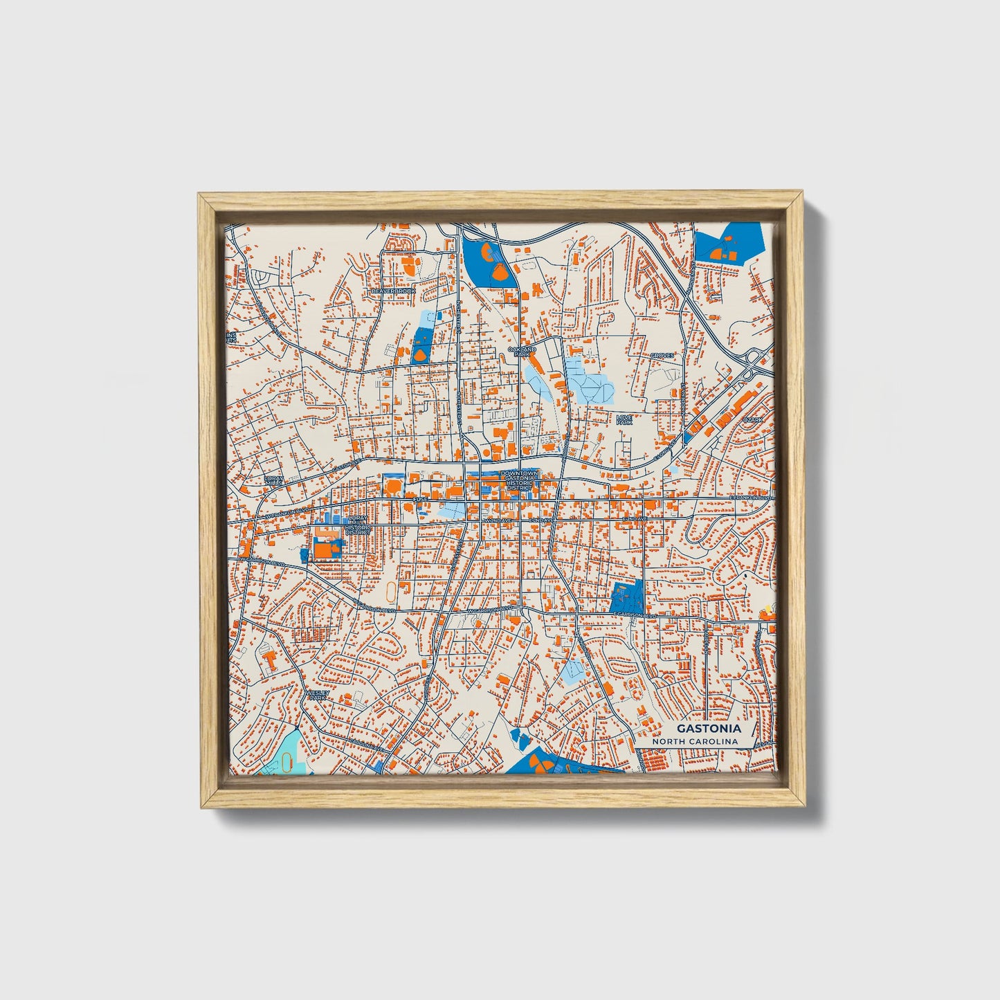 Gastonia North Carolina Colorful City Map Canvas Print • Natural Wooden Framed