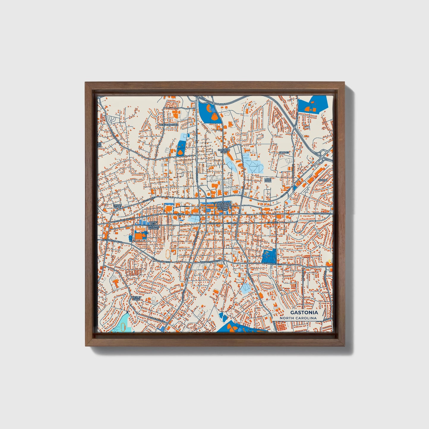Gastonia North Carolina Colorful City Map Canvas Print • Dark Wooden Framed