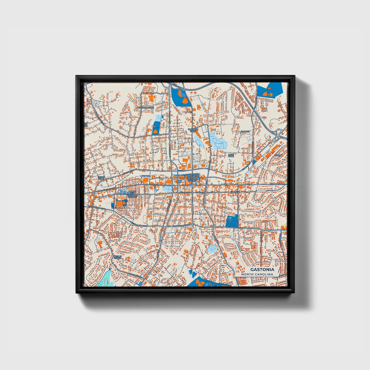 Gastonia North Carolina Colorful City Map Canvas Print • Black Framed