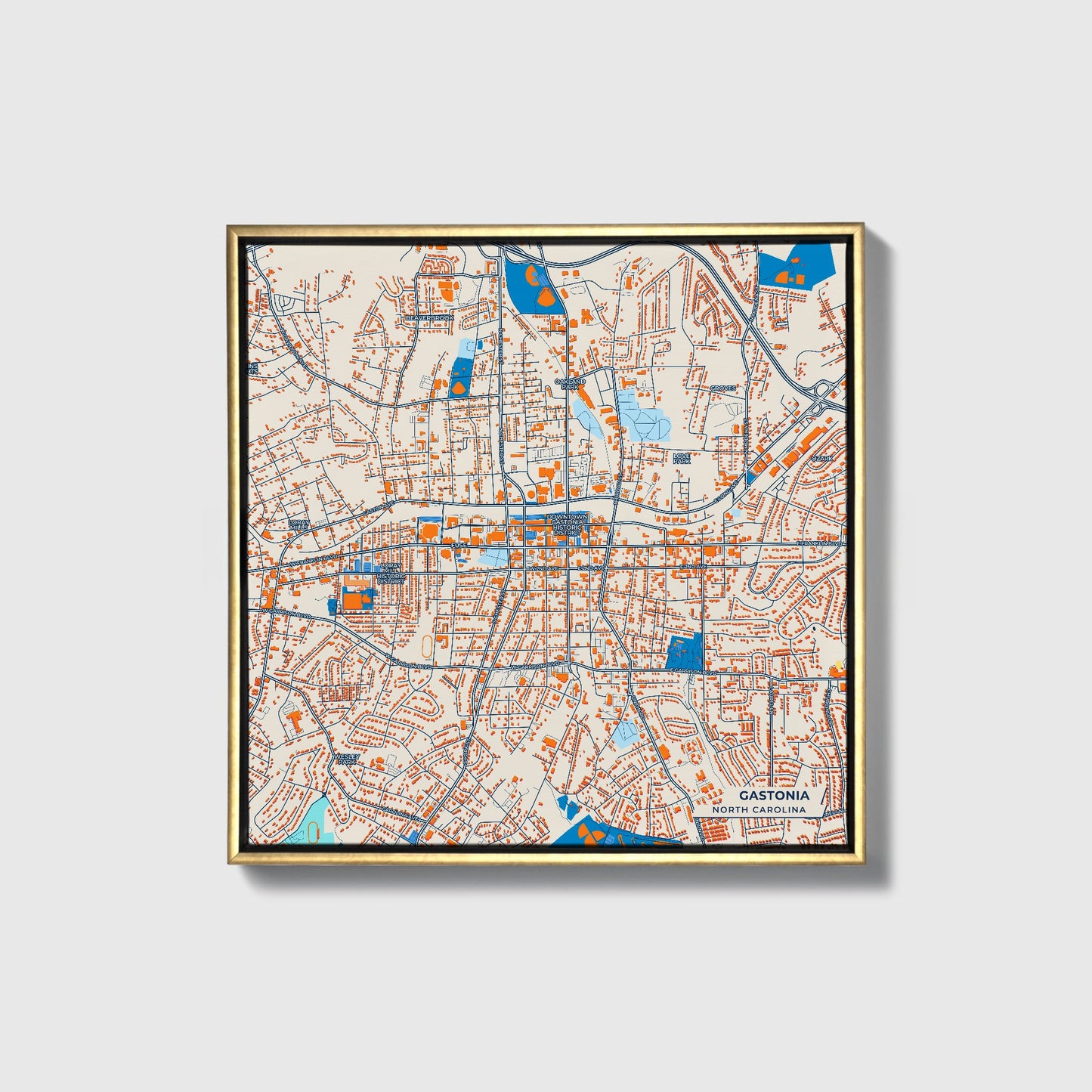 Gastonia North Carolina Colorful City Map Canvas Print • Gold Framed