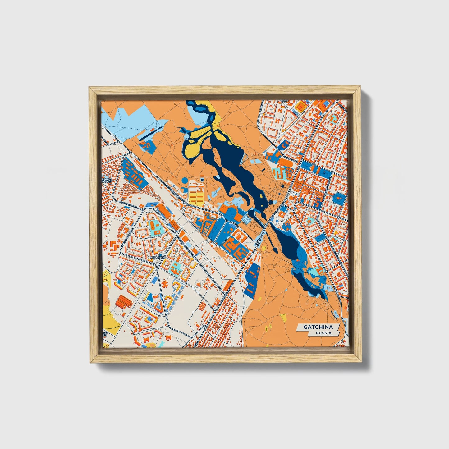 Гатчинский Russia Colorful City Map Canvas Print • Natural Wooden Framed