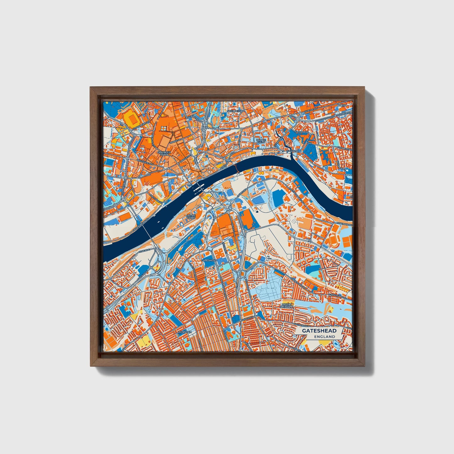 Gateshead England Colorful City Map Canvas Print • Dark Wooden Framed
