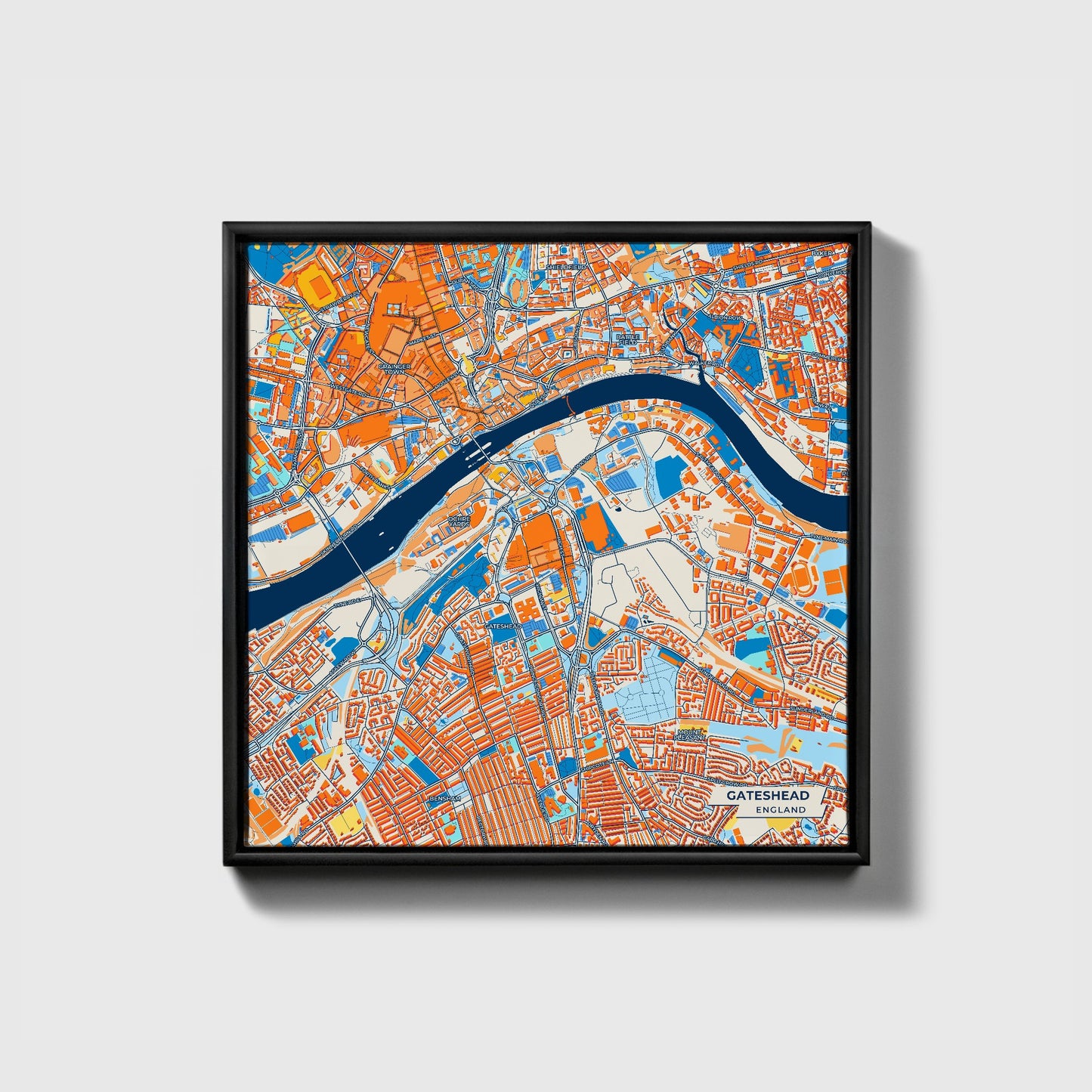 Gateshead England Colorful City Map Canvas Print • Black Framed