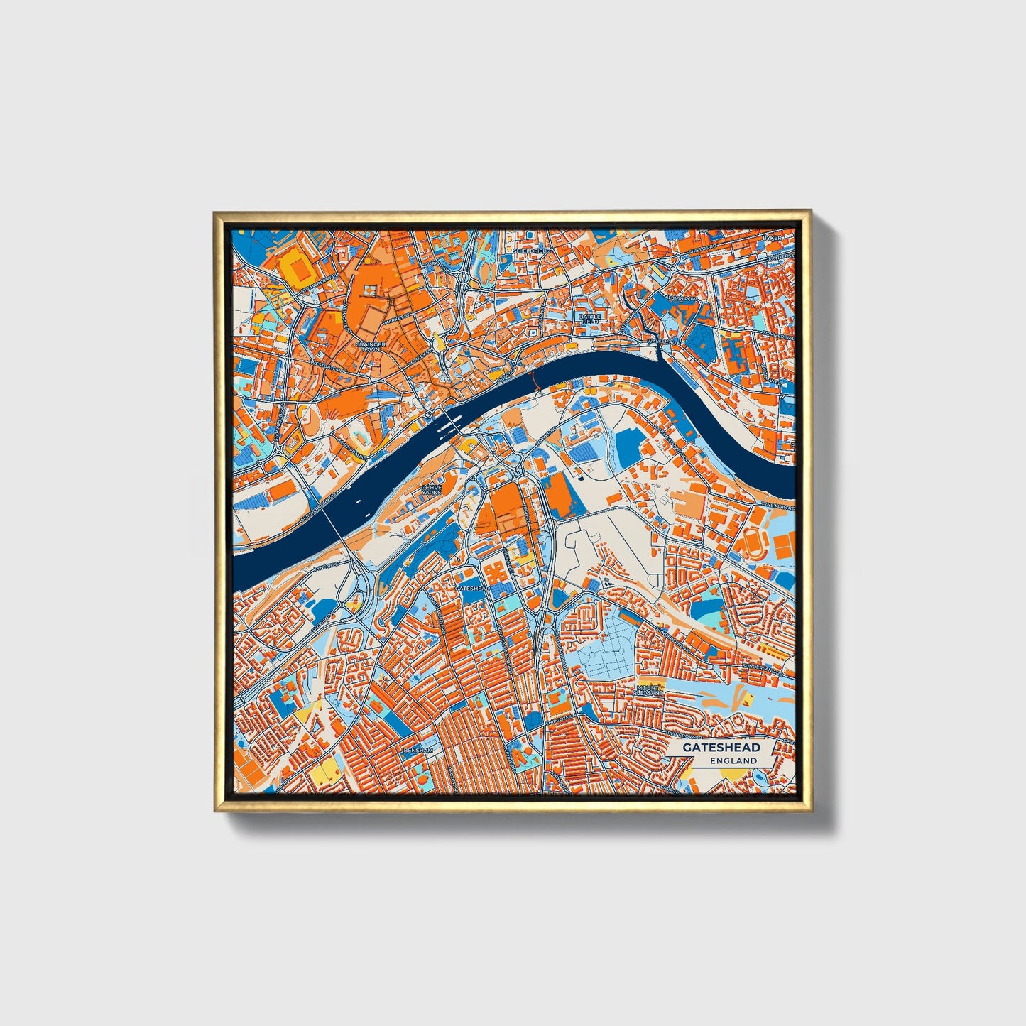 Gateshead England Colorful City Map Canvas Print • Gold Framed