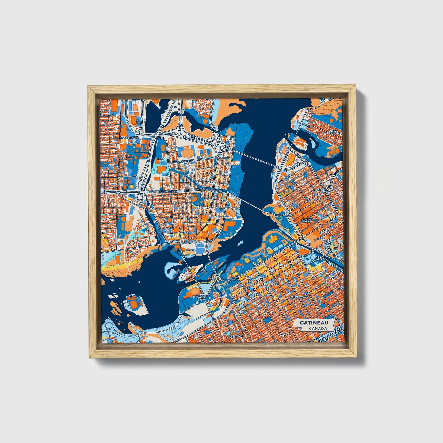 Gatineau Canada Colorful City Map Canvas Print • Natural Wooden Framed