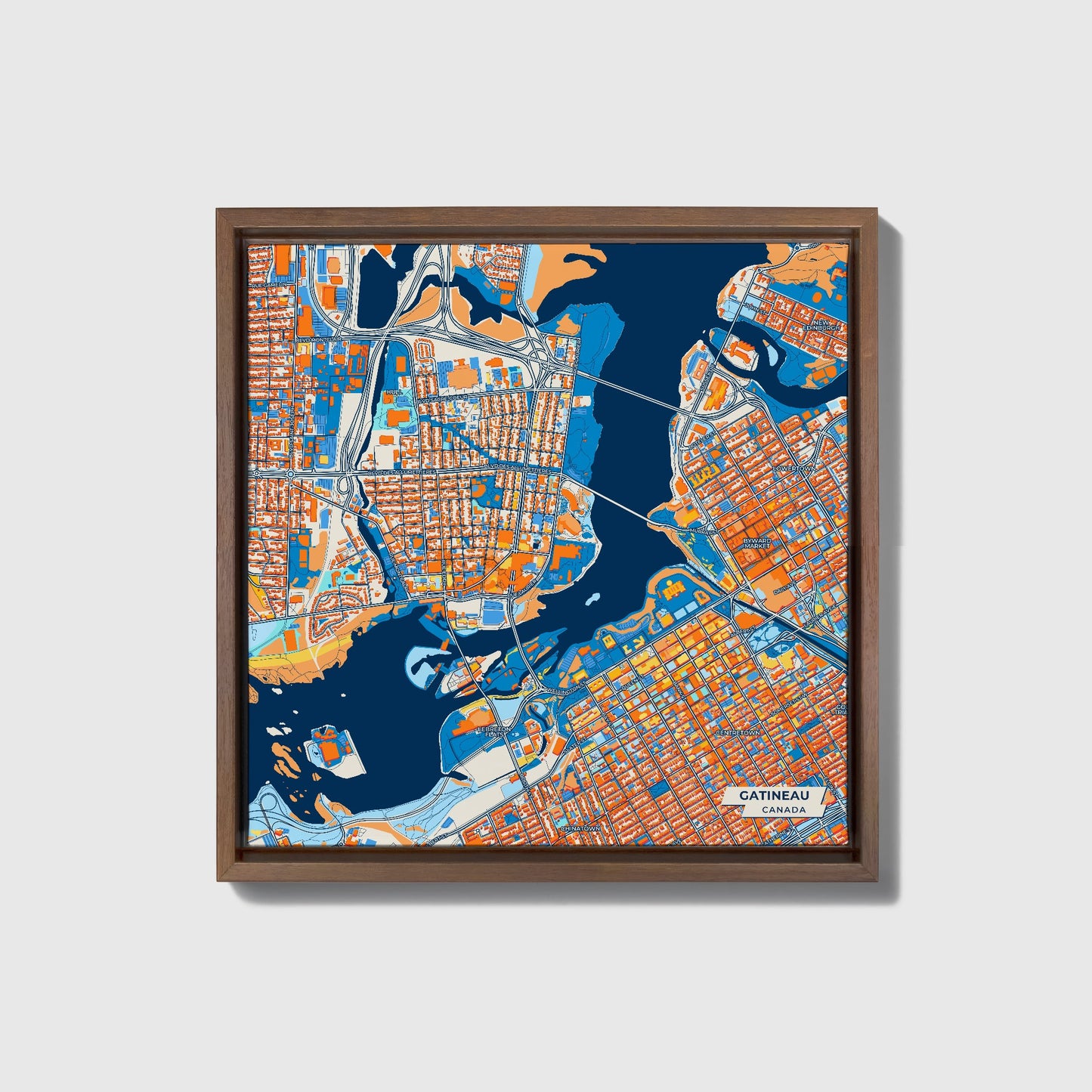 Gatineau Canada Colorful City Map Canvas Print • Dark Wooden Framed