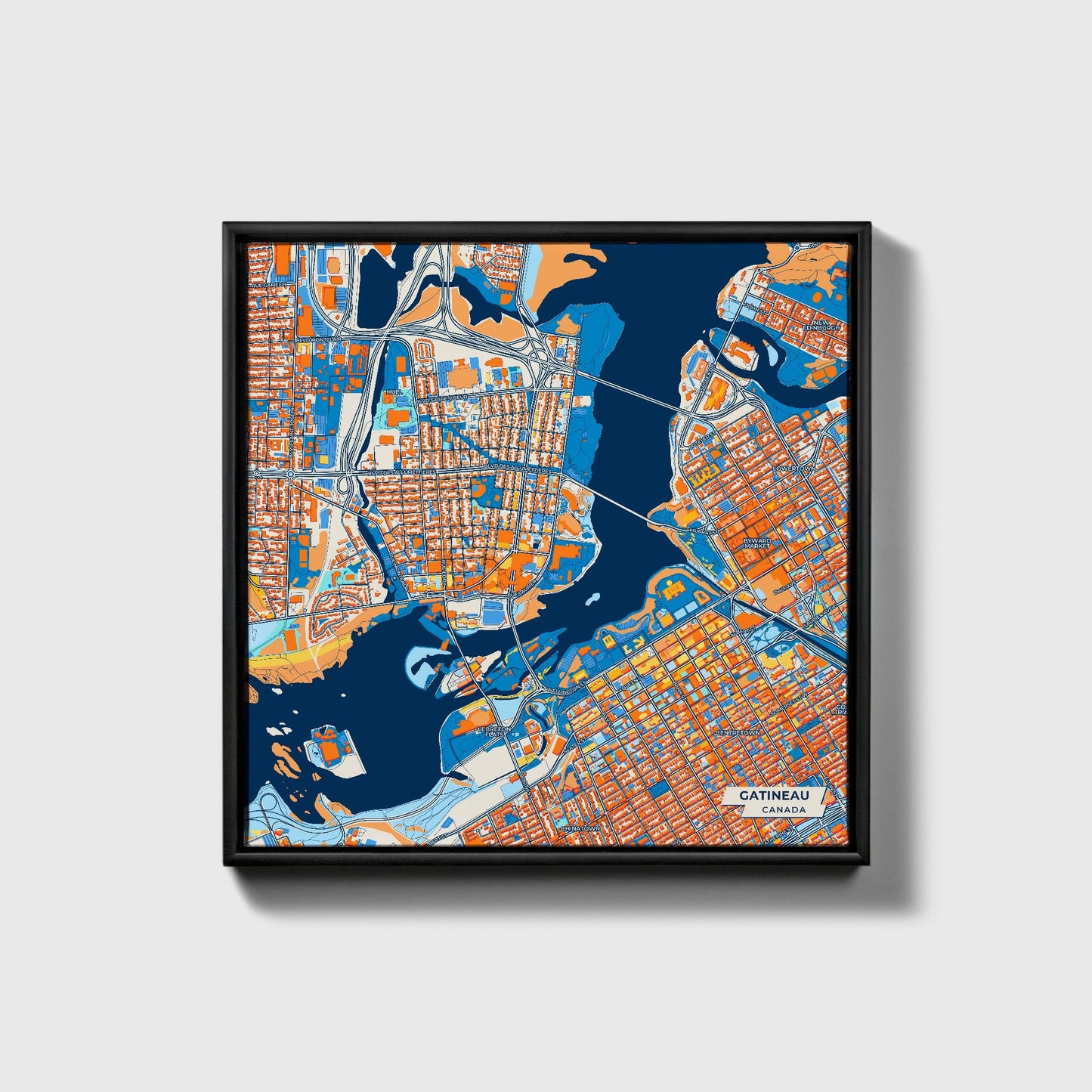 Gatineau Canada Colorful City Map Canvas Print • Black Framed