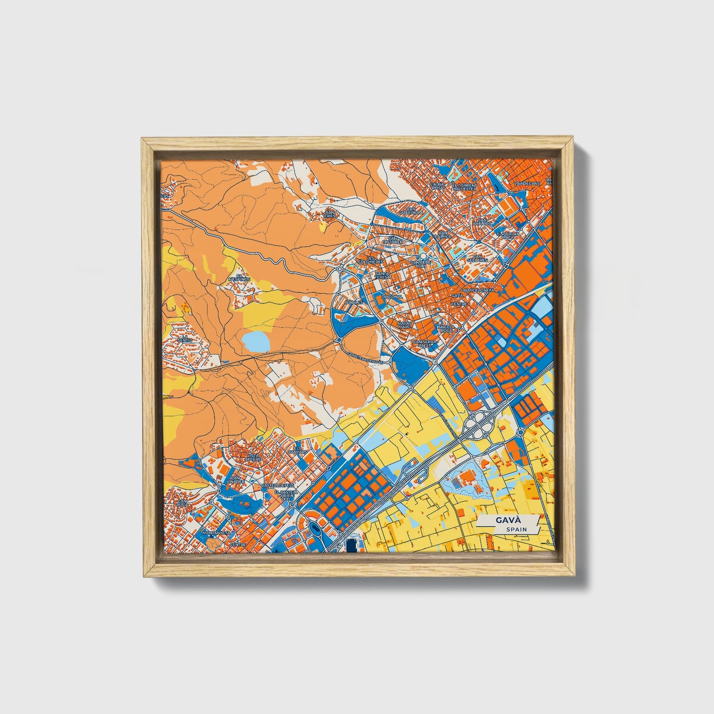 Gavà Spain Colorful City Map Canvas Print • Natural Wooden Framed