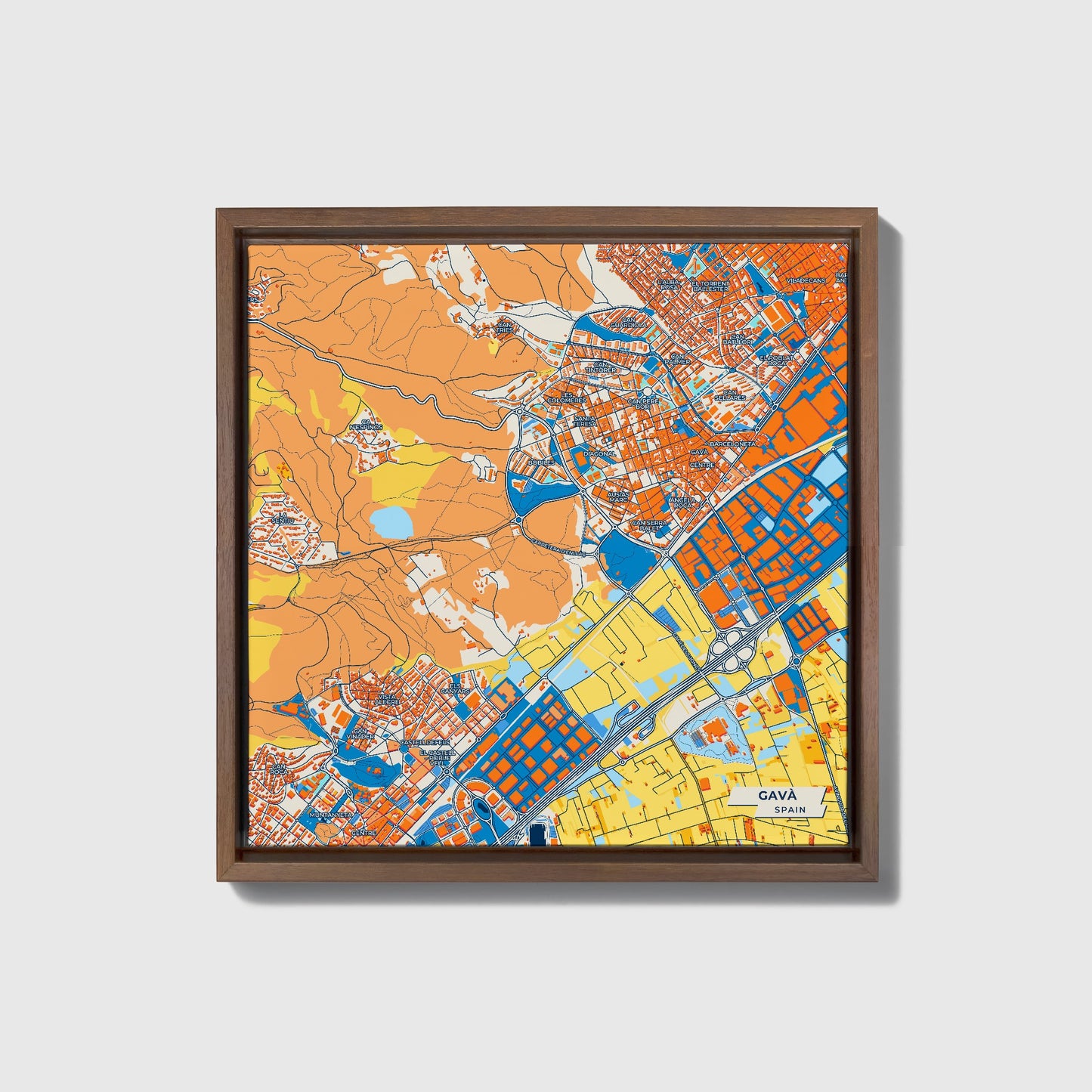 Gavà Spain Colorful City Map Canvas Print • Dark Wooden Framed