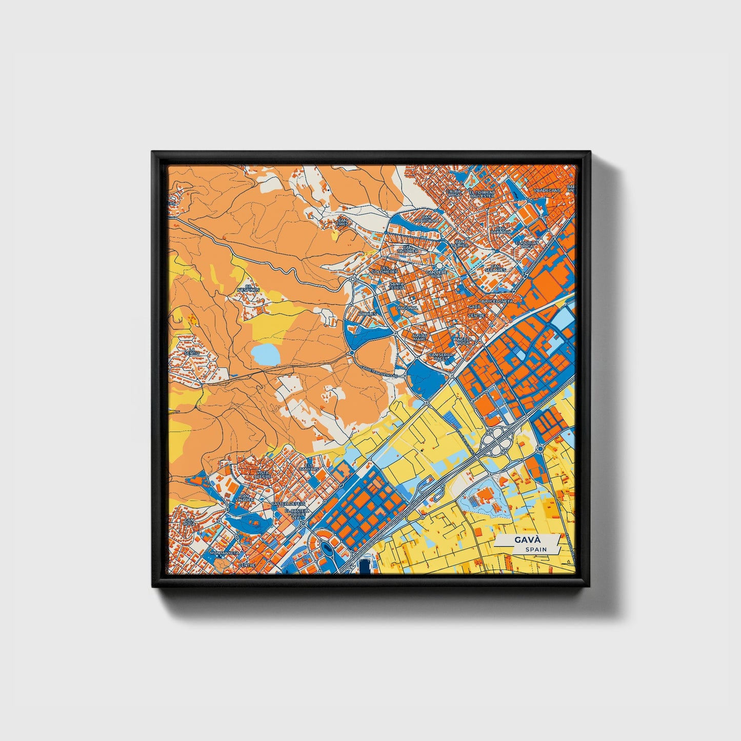 Gavà Spain Colorful City Map Canvas Print • Black Framed