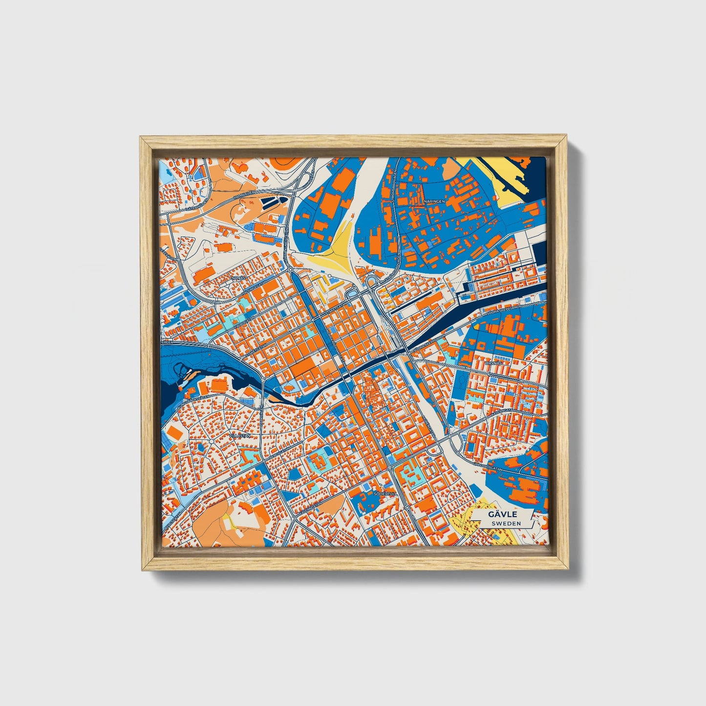 Gävle Sweden Colorful City Map Canvas Print • Natural Wooden Framed