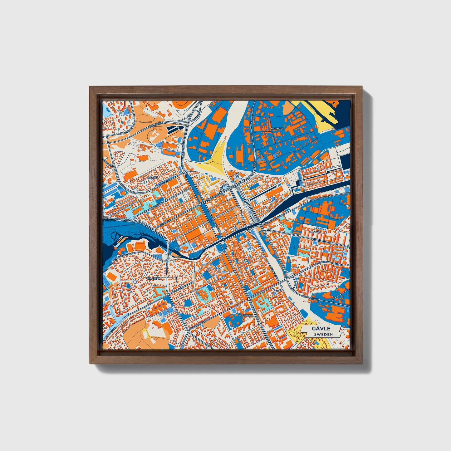 Gävle Sweden Colorful City Map Canvas Print • Dark Wooden Framed