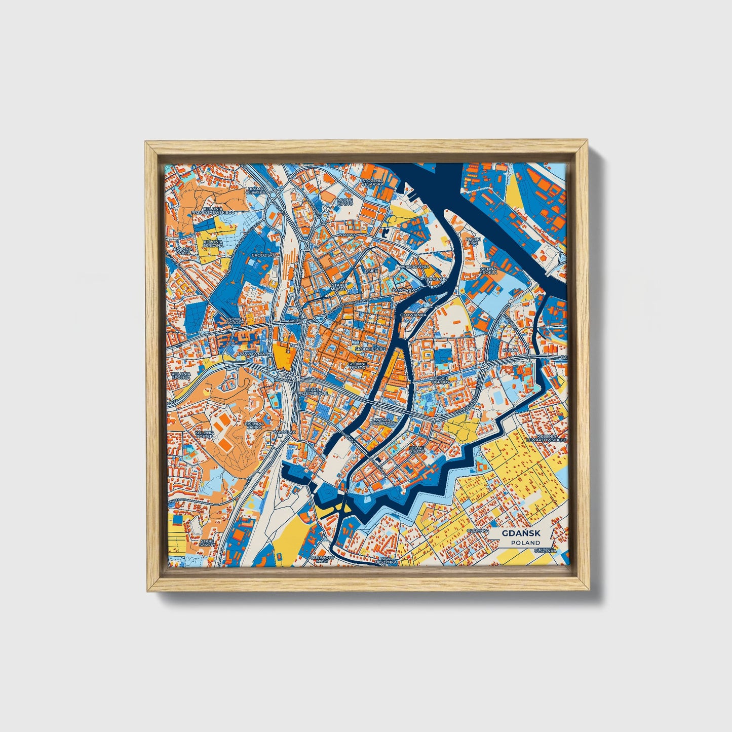 Gdańsk Poland Colorful City Map Canvas Print • Natural Wooden Framed