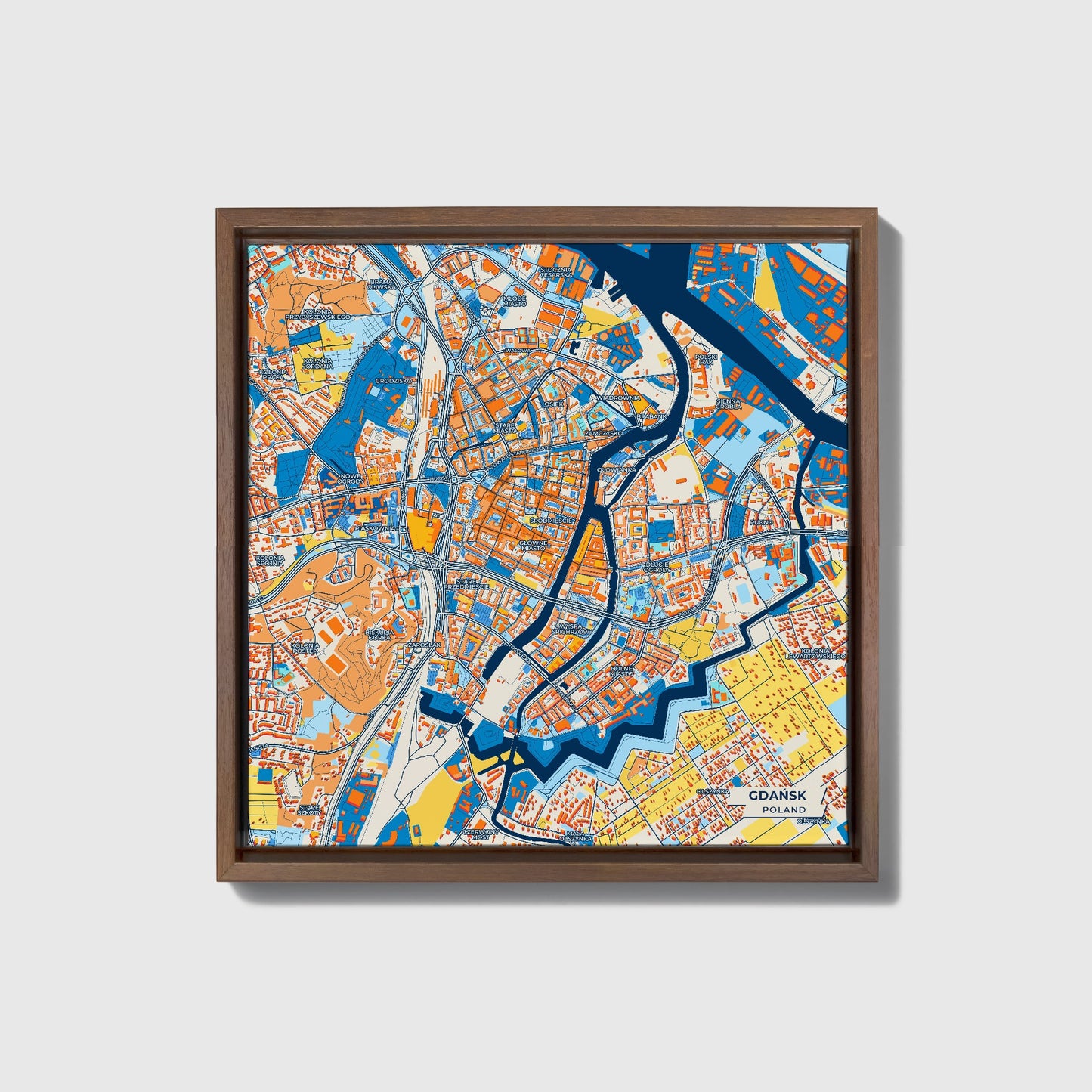 Gdańsk Poland Colorful City Map Canvas Print • Dark Wooden Framed