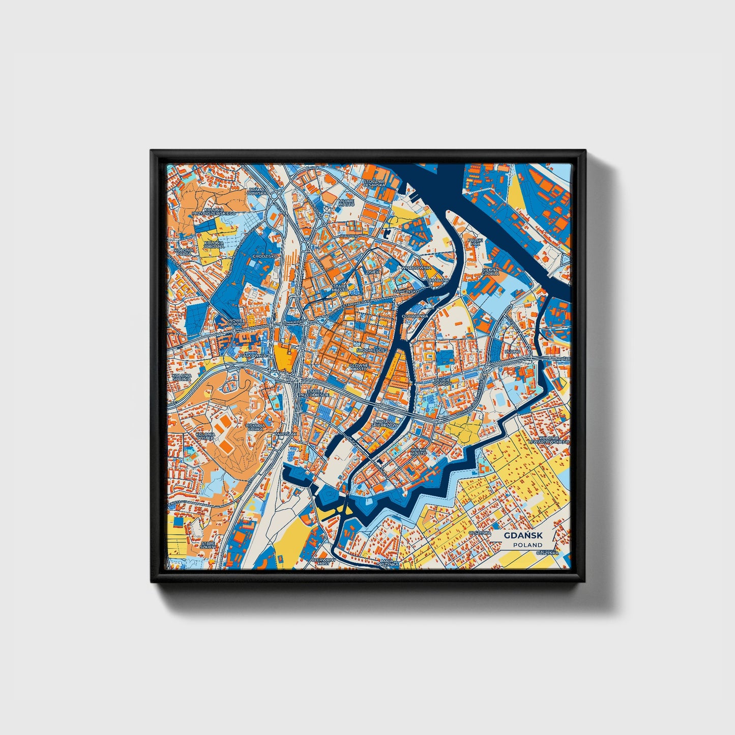 Gdańsk Poland Colorful City Map Canvas Print • Black Framed