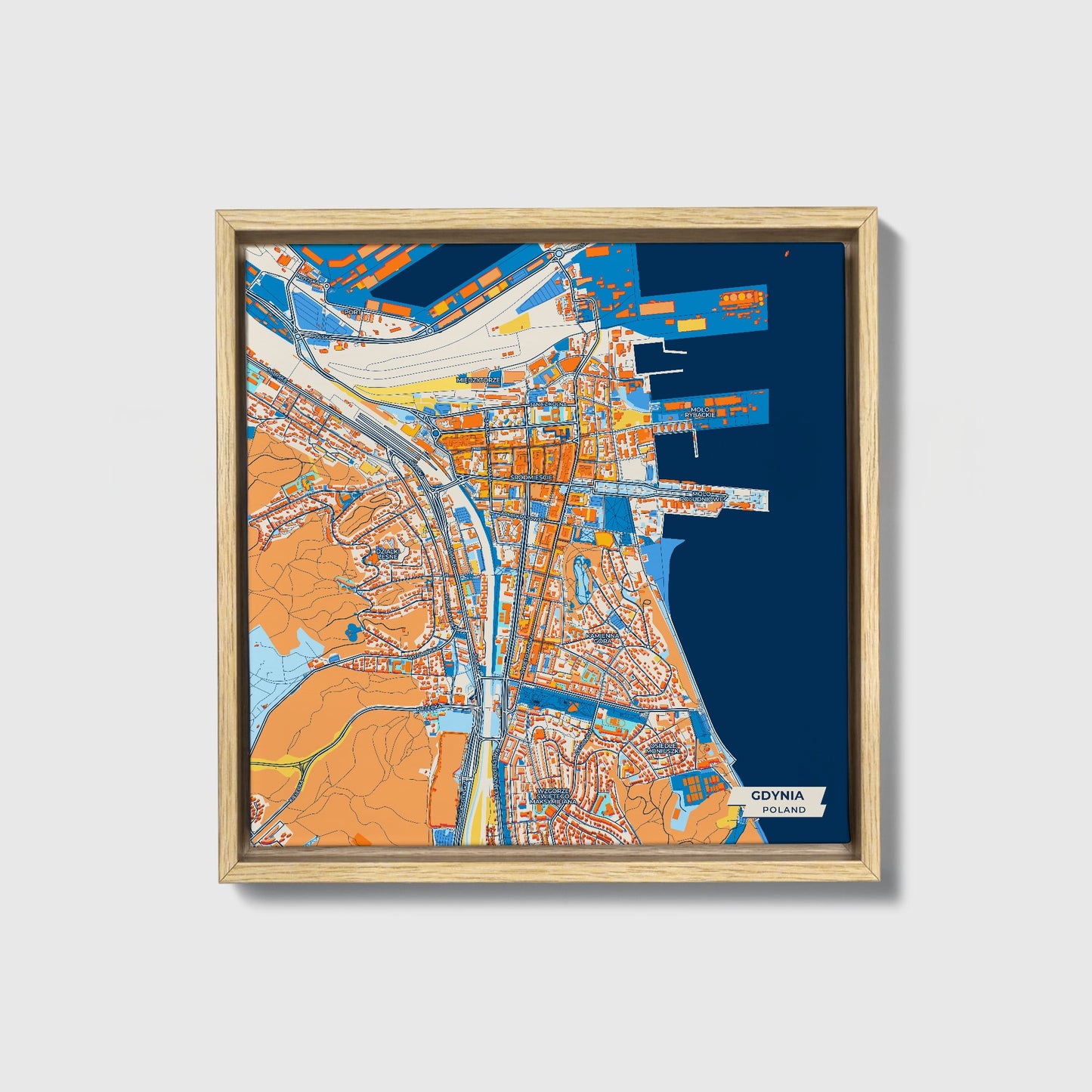 Gdynia Poland Colorful City Map Canvas Print • Natural Wooden Framed