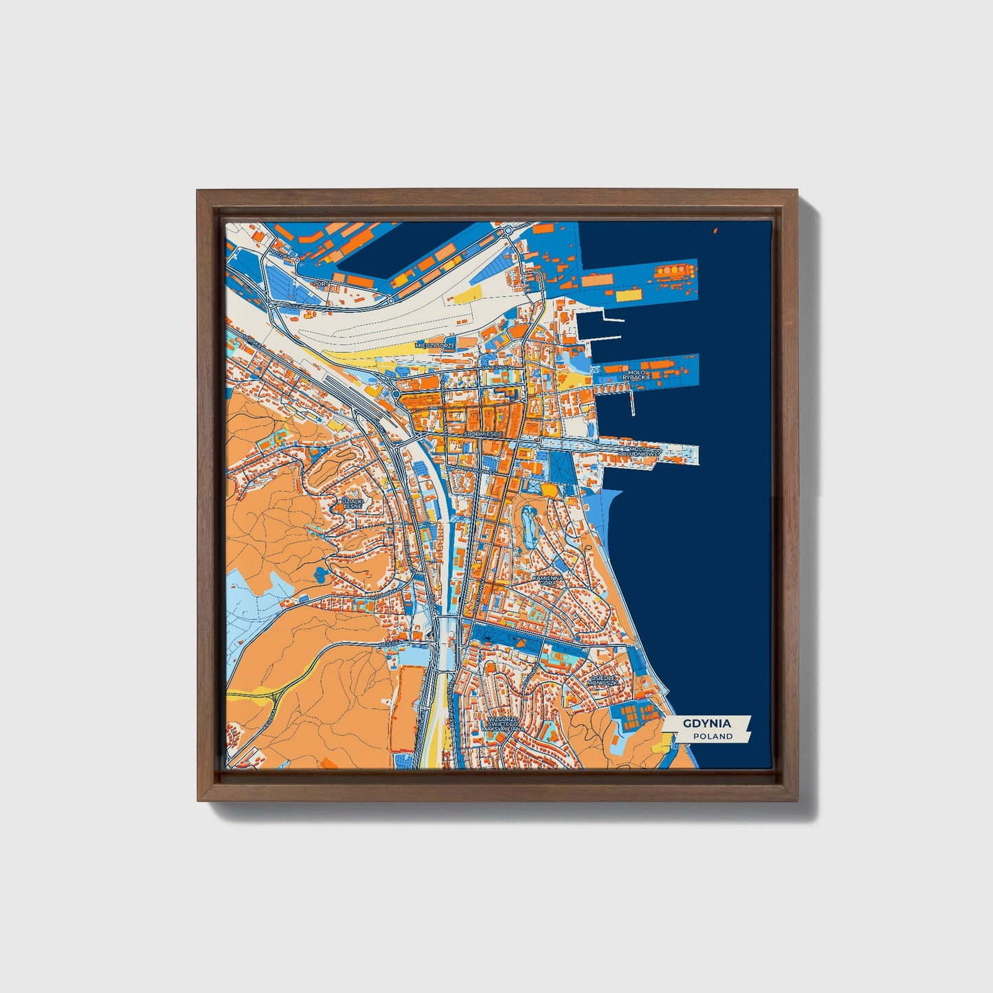 Gdynia Poland Colorful City Map Canvas Print • Dark Wooden Framed