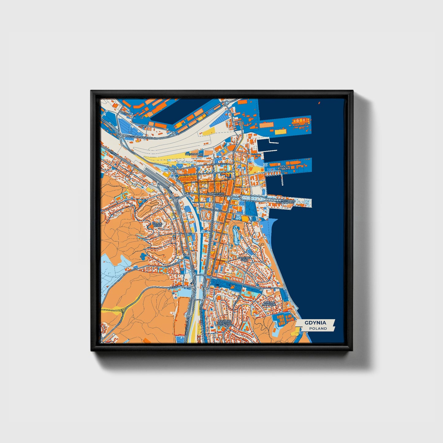 Gdynia Poland Colorful City Map Canvas Print • Black Framed