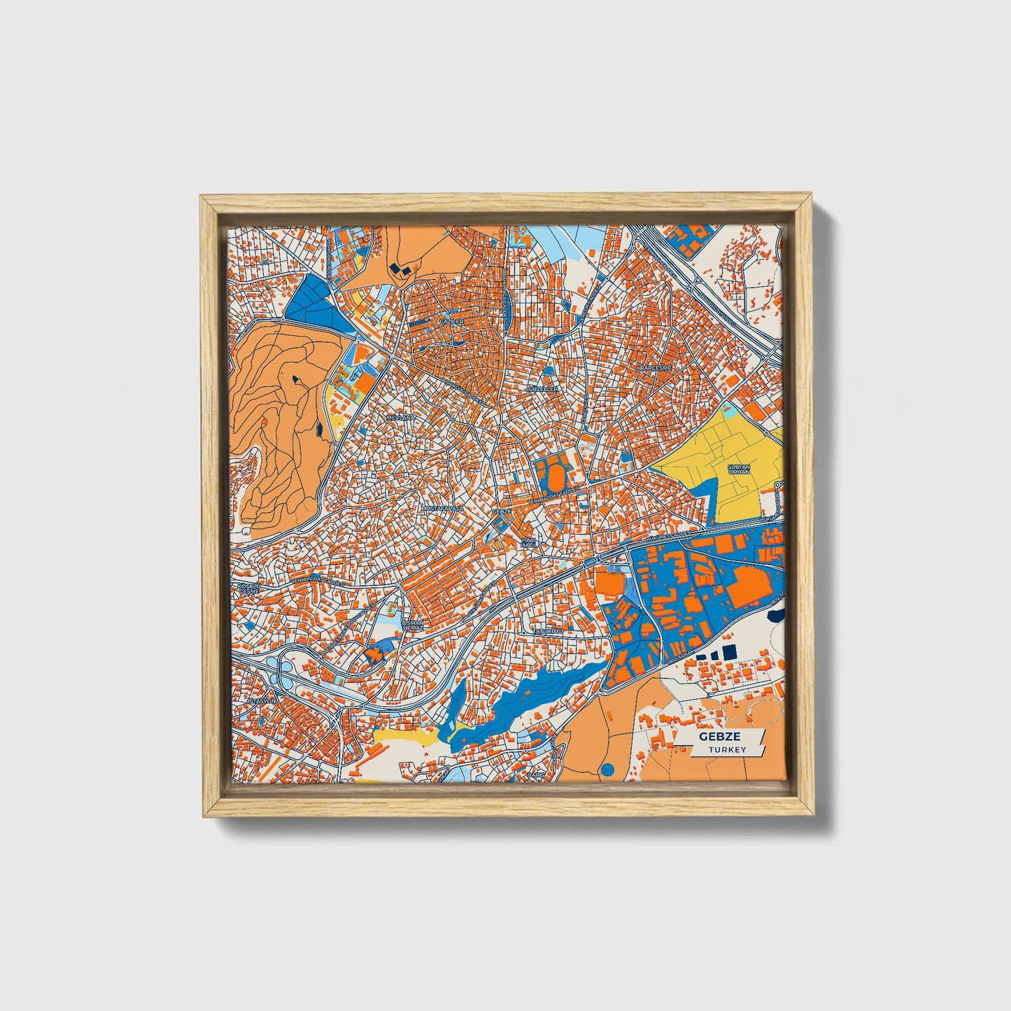 Gebze Turkey Colorful City Map Canvas Print • Natural Wooden Framed