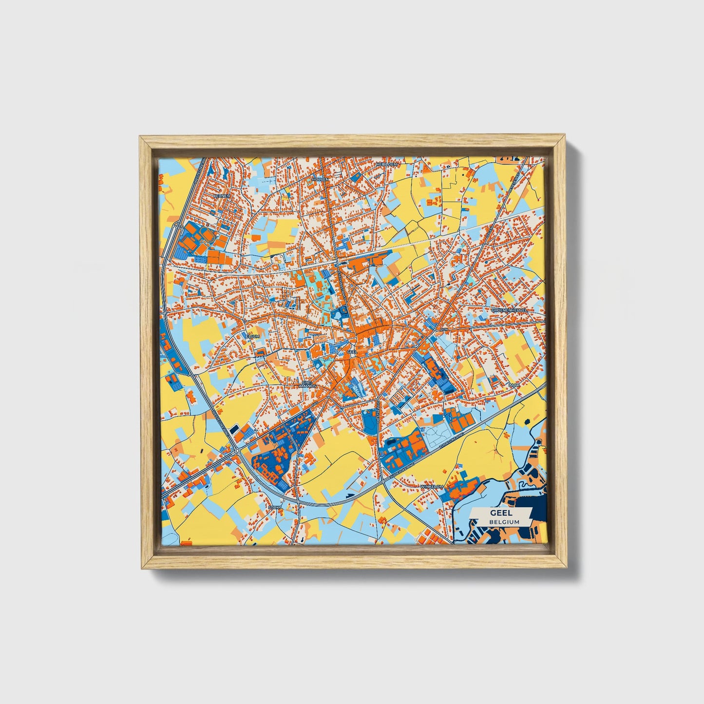 Geel Belgium Colorful City Map Canvas Print • Natural Wooden Framed