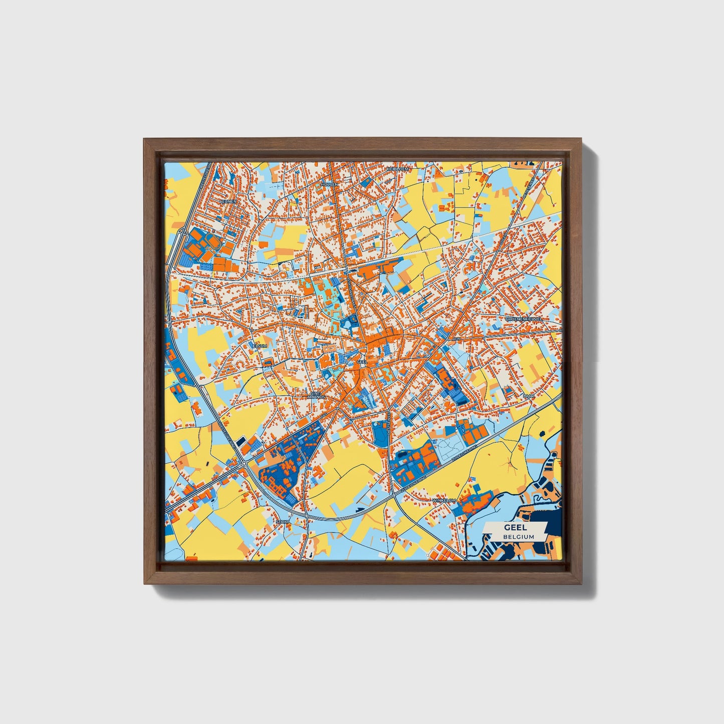 Geel Belgium Colorful City Map Canvas Print • Dark Wooden Framed