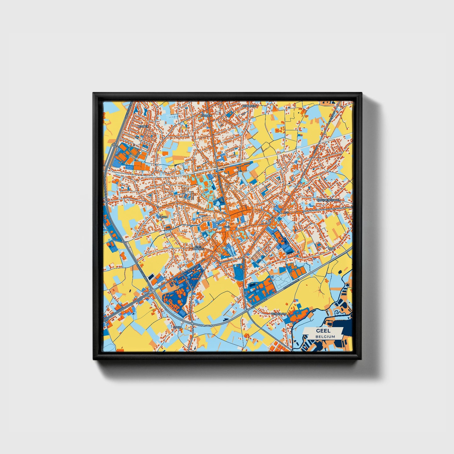 Geel Belgium Colorful City Map Canvas Print • Black Framed