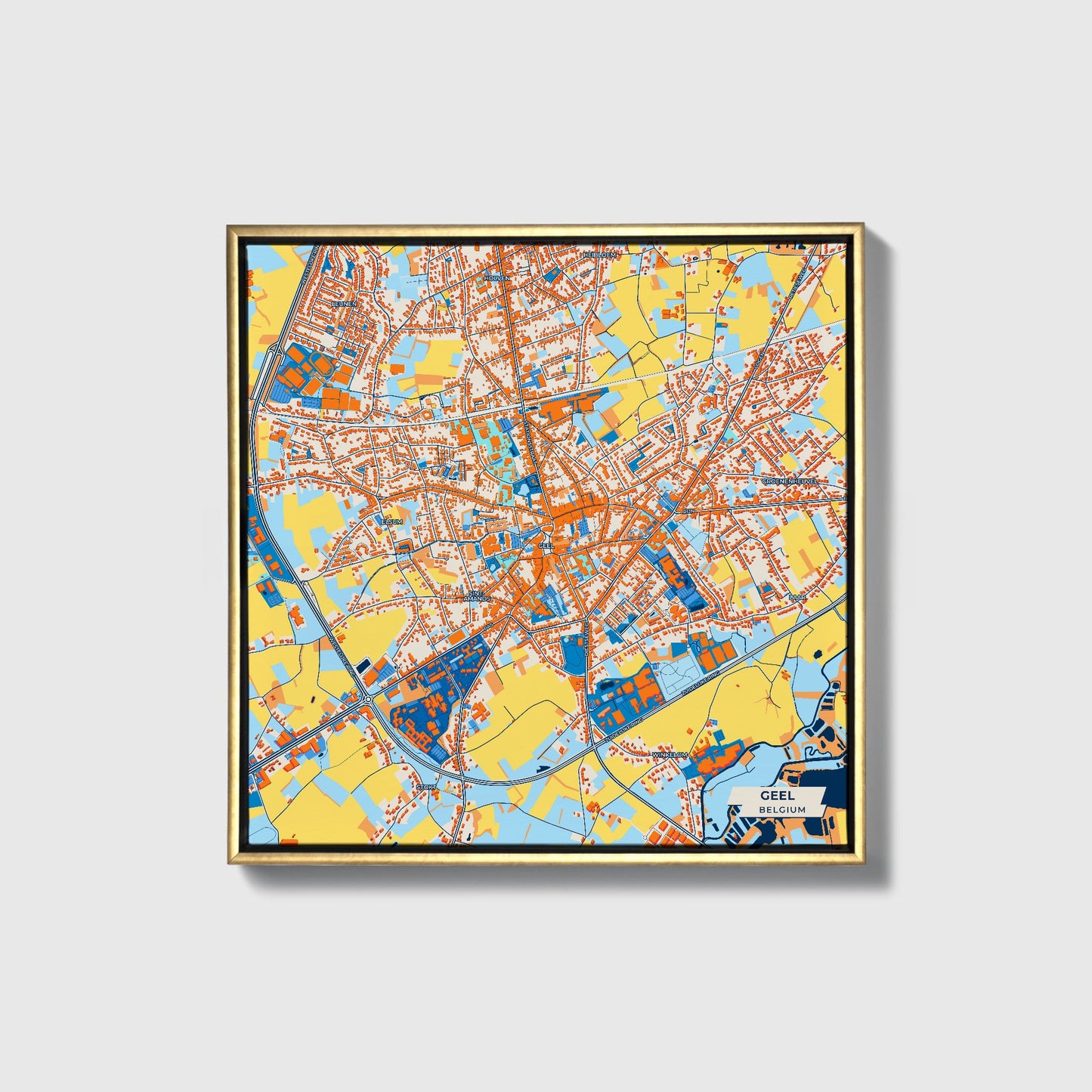 Geel Belgium Colorful City Map Canvas Print • Gold Framed