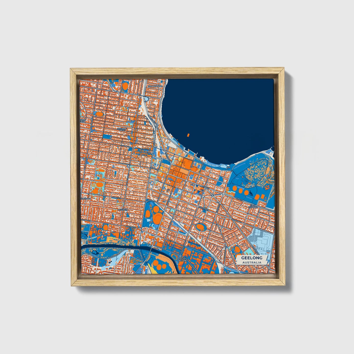 Geelong Australia Colorful City Map Canvas Print • Natural Wooden Framed