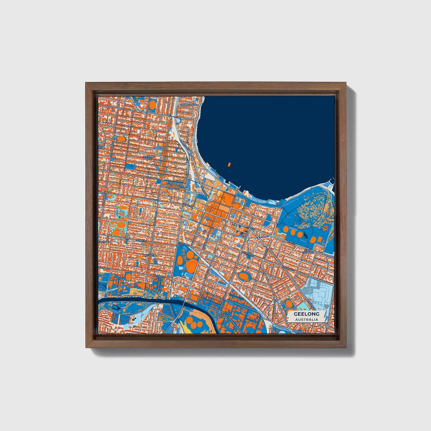 Geelong Australia Colorful City Map Canvas Print • Dark Wooden Framed